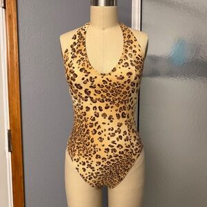 EUC Vintage Oscar de La Renta Halter One Piece Swimsuit Bodysuit Onesie Leopard